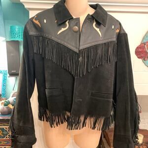 VINTAGE 80s CHEVIGNON HOPI NAVAJO NATIVE WESTERN BOHO FRINGED SUEDE JACKET M